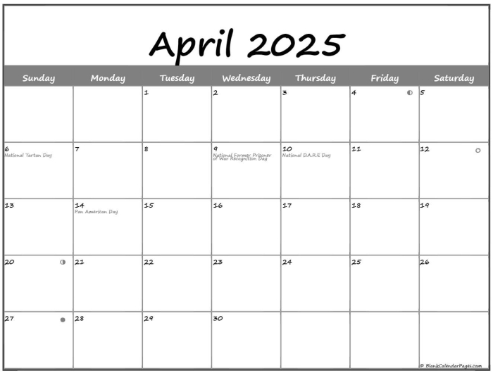 April calendar worksheet for kids to fill in dates and color illustrations