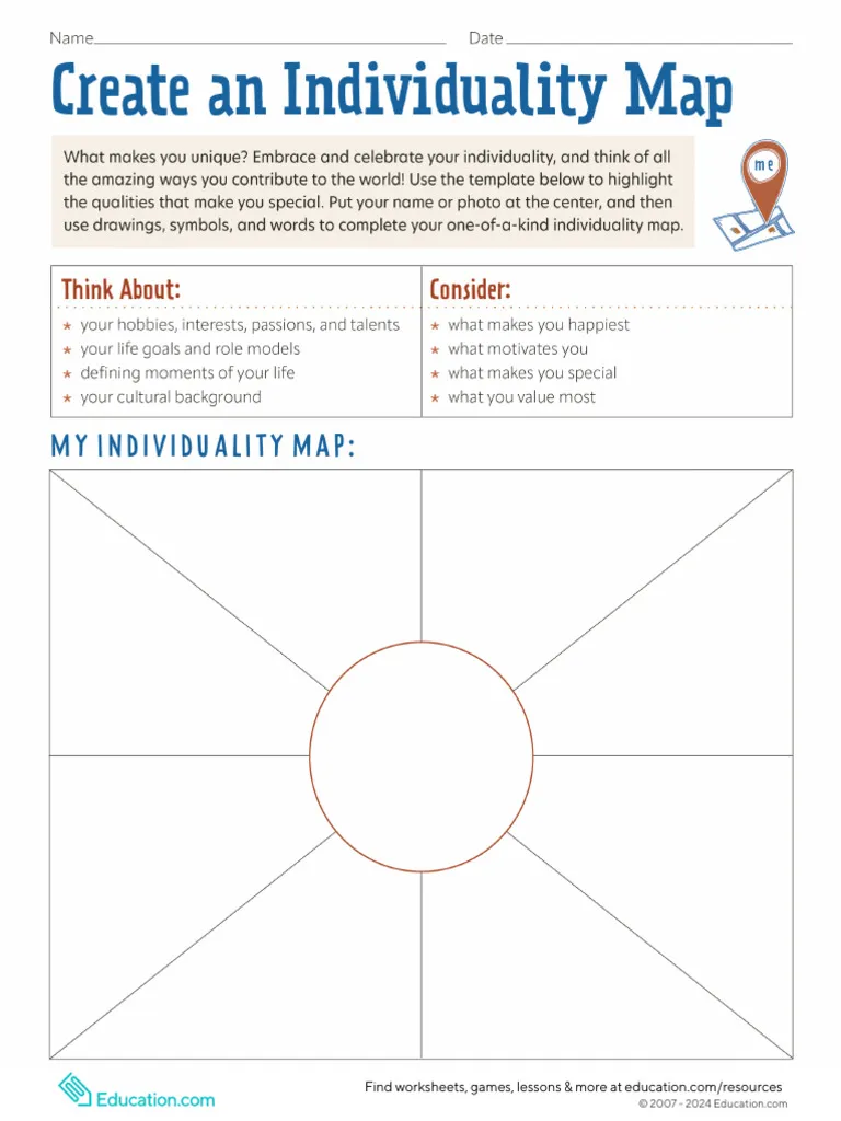 Visual representation of a creative self-exploration activity for sixth graders A sixth-grade student creating an Individuality Map worksheet showcasing their unique traits and interests
