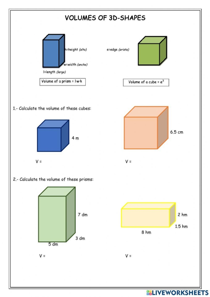 Worksheet illustrating how to create shapes and calculate the volume of rectangular prisms for fifth graders