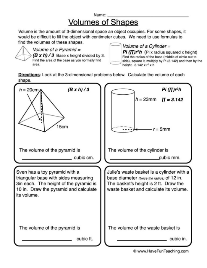 Worksheet illustrating how to create shapes and calculate volume for fifth-grade students