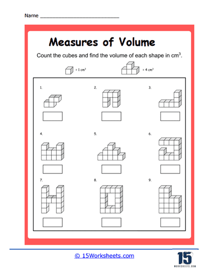 Worksheet featuring shapes and volume calculations for fifth graders