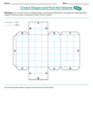Worksheet illustrating how to create shapes and calculate volume for fifth-grade students. Educational resource for understanding the relationship between side lengths and volume of rectangular prisms.