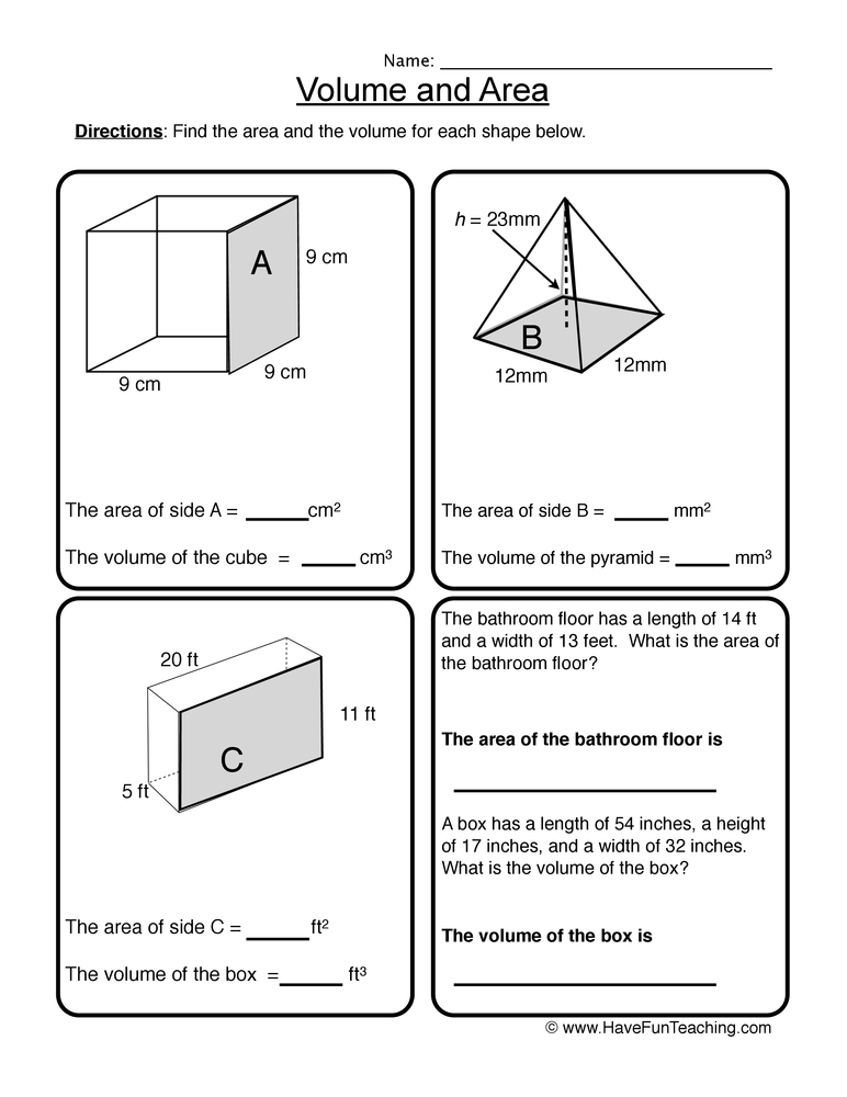 Worksheet featuring a visual guide to creating shapes and calculating the volume of rectangular prisms. Create Shapes and Find the Volume educational worksheet for fifth graders.