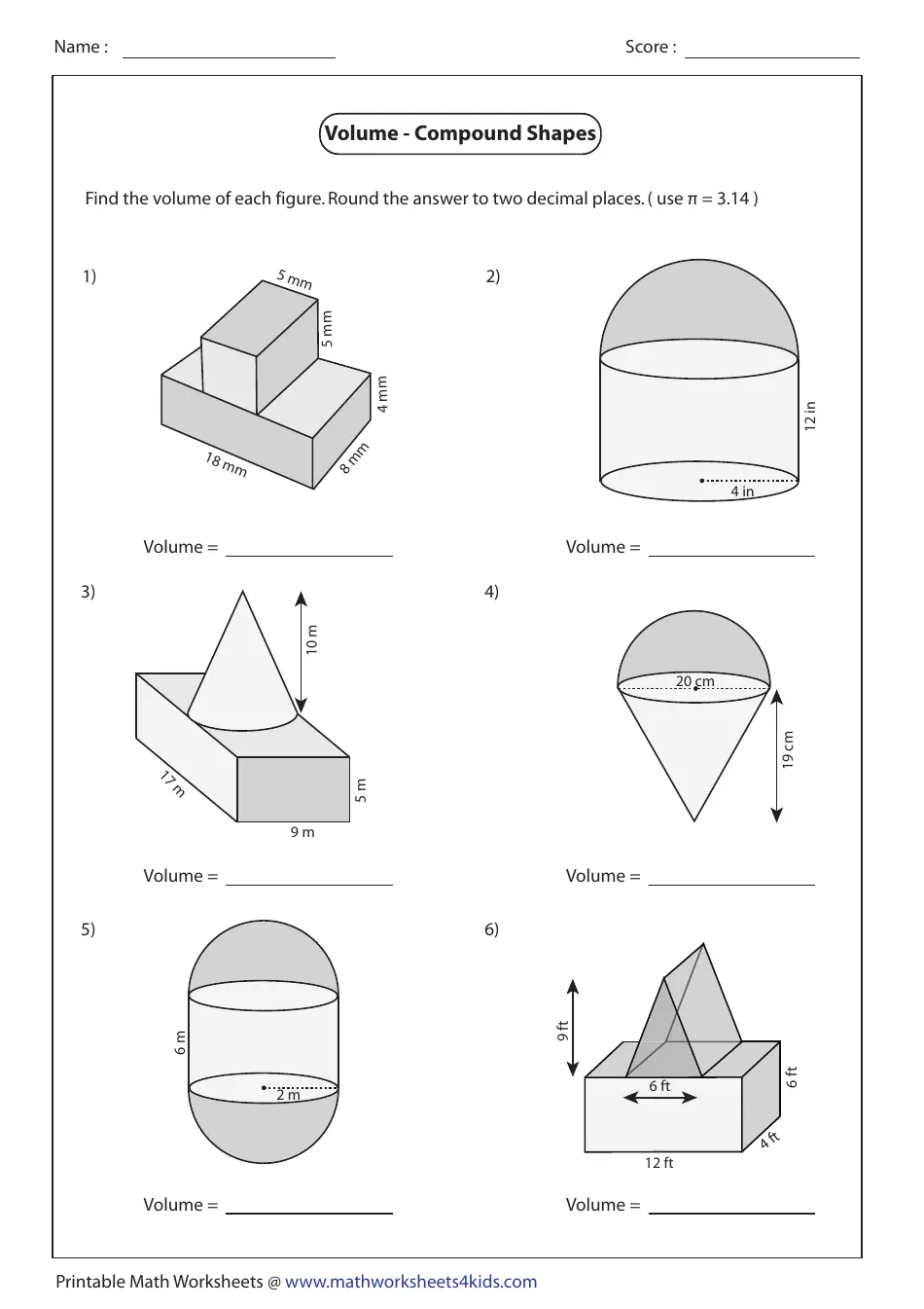 Worksheet featuring shapes and volume calculations for fifth graders