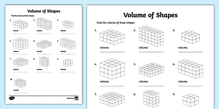 Worksheet illustrating how to create shapes and determine the volume of a rectangular prism for fifth graders. Educational resource for understanding volume relationships in geometry.