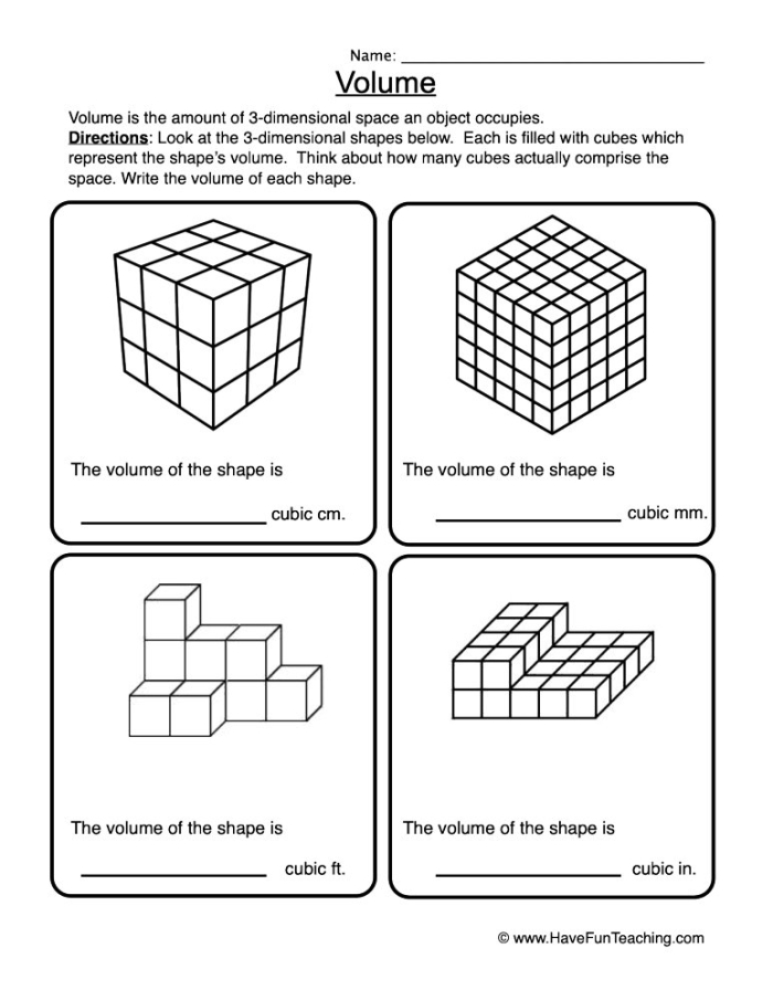 Worksheet illustrating how to create shapes and calculate the volume of a rectangular prism for fifth graders