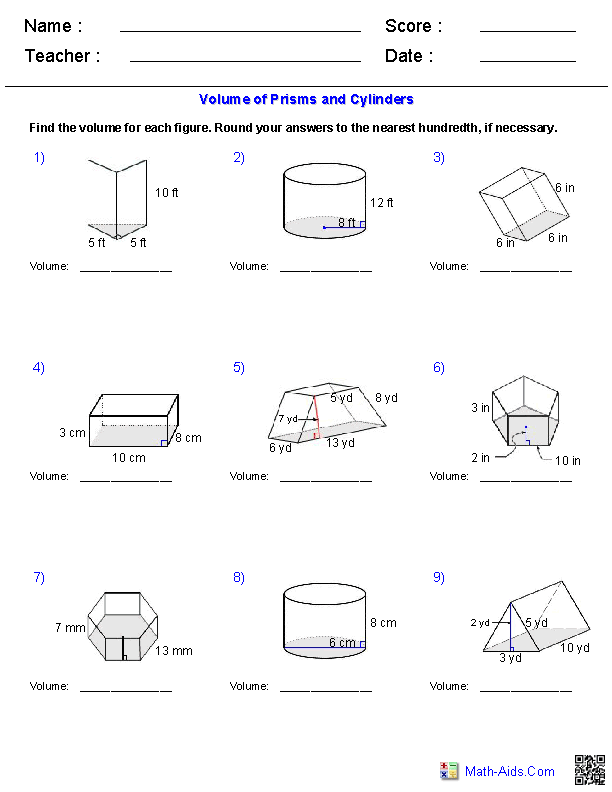 Worksheet featuring shapes and volume calculations for fifth graders