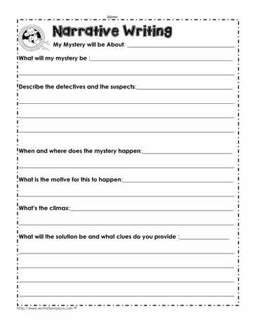 Fourth grade student completing a mystery story writing exercise on a printable worksheet