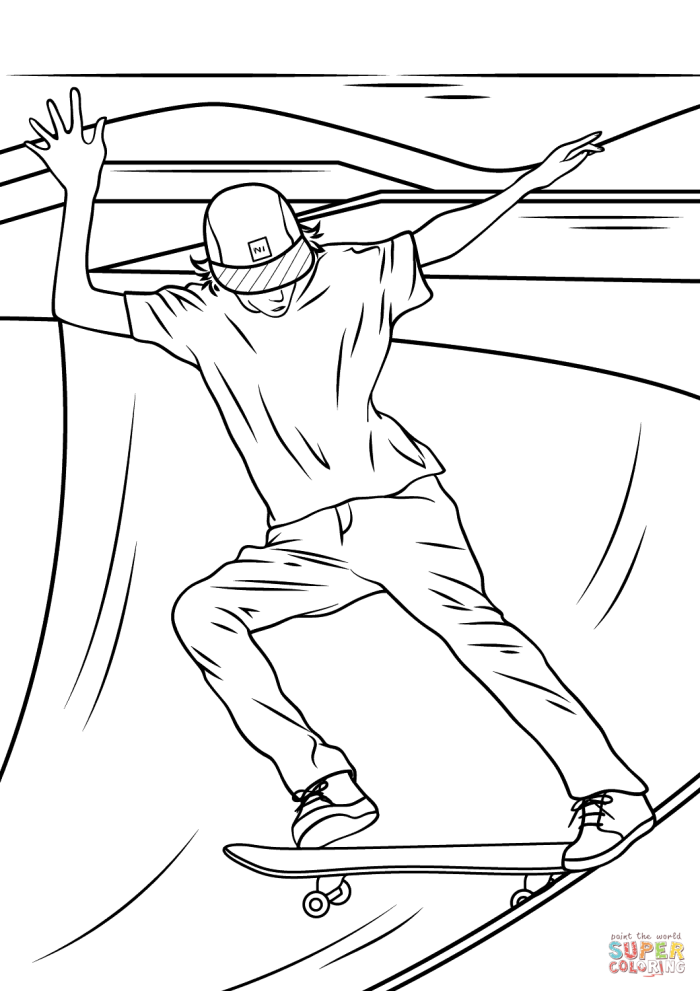 Coloring page featuring a child skateboarding, designed for a fun learning experience in kindergarten. Extreme skateboarding coloring worksheet for young learners to express creativity.