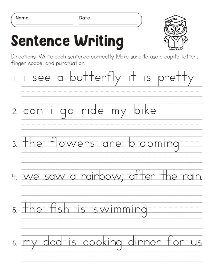 Engaging sentences practice sheet for young learners about school topics Creative writing worksheet for first graders focusing on favorite school subjects