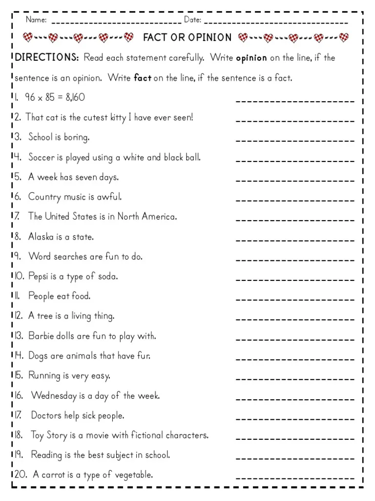 Fact or Opinion Sentences worksheet for fourth graders to practice critical reading skills