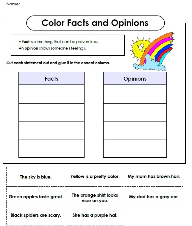 Facts vs Opinions Reading Worksheet for Grade 2 Image 10 Second grade reading worksheet featuring side by side exercises on distinguishing facts from opinions