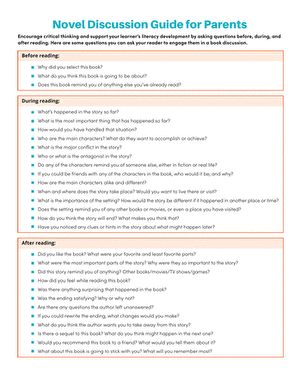Sixth grade novel discussion guide worksheet for literacy development and critical thinking practice