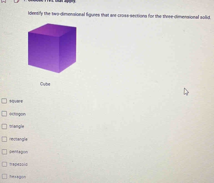 Seventh grade geometry worksheet showing three-dimensional figures with planes cutting through them to demonstrate cross sections