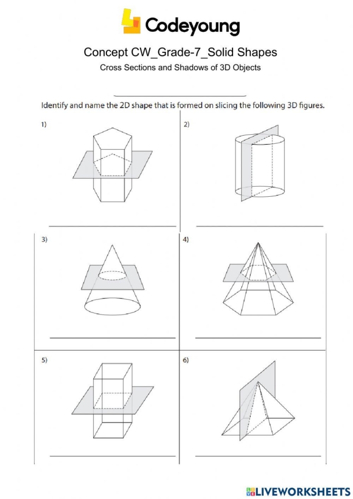Seventh-grade student worksheet showing geometric three-dimensional figures sliced horizontally and vertically to reveal cross-sectional shapes