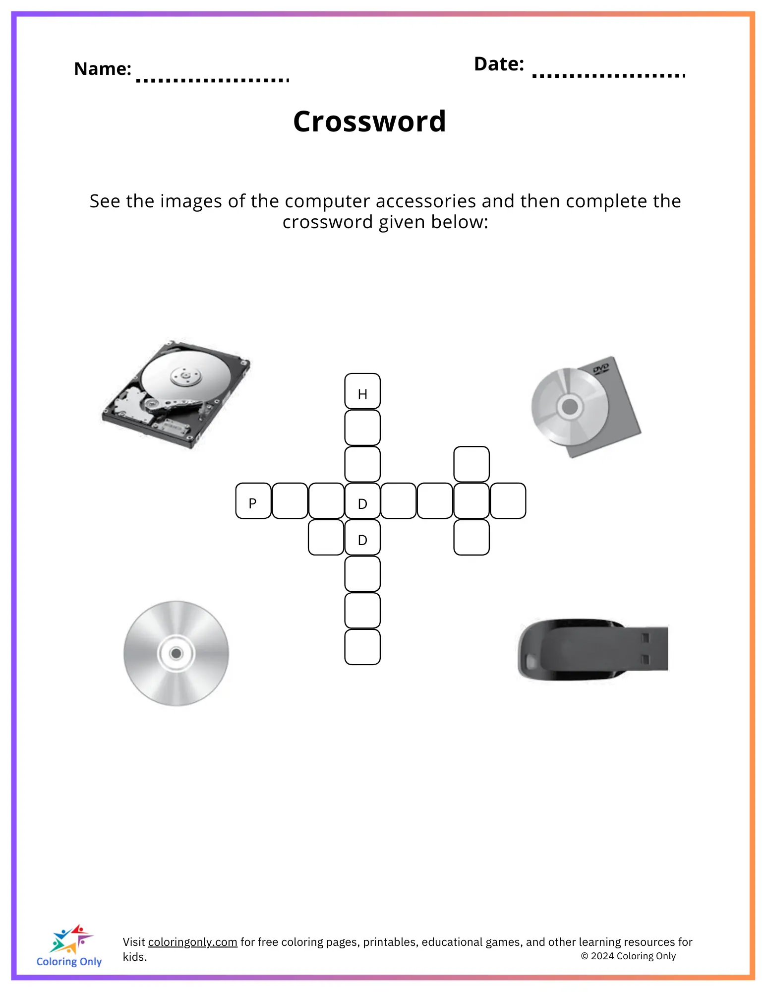 Engaging Crossword on the Go! worksheet for early learners Crossword puzzle worksheet for kindergarten students focusing on spelling and vocabulary skills