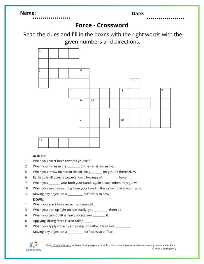Engaging Crossword on the Go! worksheet for early learners Crossword puzzle worksheet designed for kindergarten kids focusing on spelling and vocabulary skills