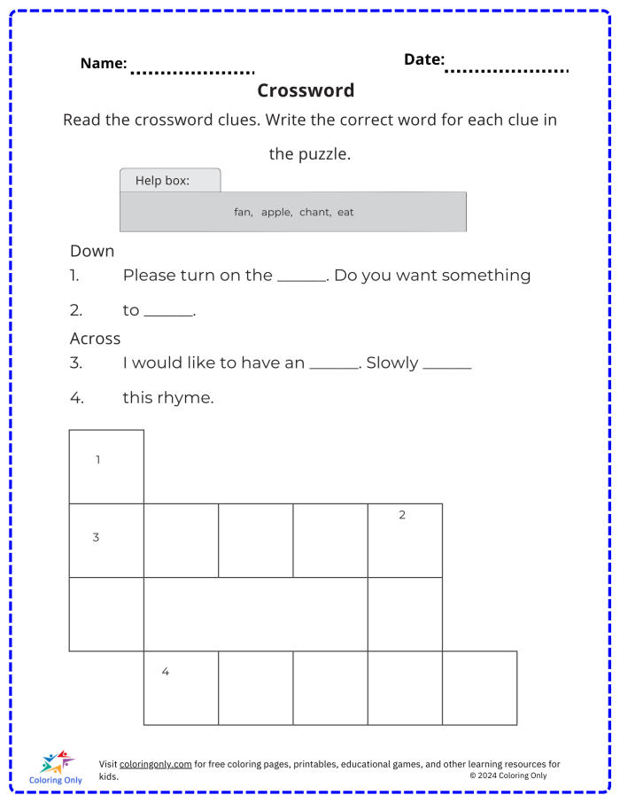 Engaging "Crossword on the Go!" activity for young learners in English Language Arts Crossword puzzle worksheet for kindergarten students focusing on spelling and vocabulary skills