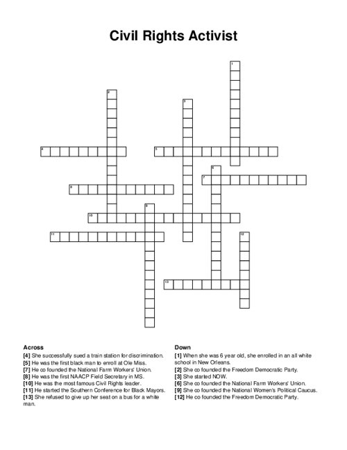 Fifth grade worksheet featuring a crossword puzzle about the American Civil Rights Movement