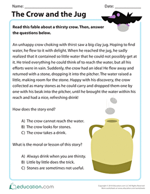 A colorful educational worksheet featuring The Crow and the Jug for second graders' algebra practice