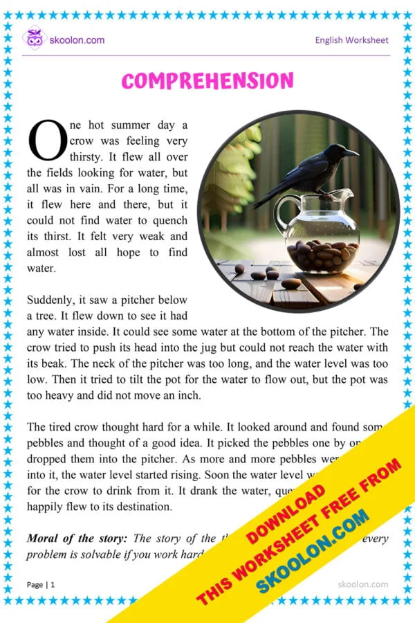 A colorful worksheet featuring The Crow and the Jug for second graders' algebra practice