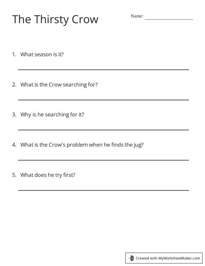Worksheet featuring The Crow and the Jug for second graders to enhance reading comprehension skills