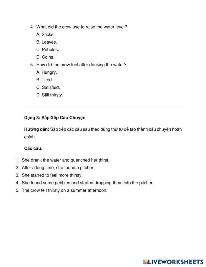 Worksheet featuring The Crow and the Jug for second-grade algebra students