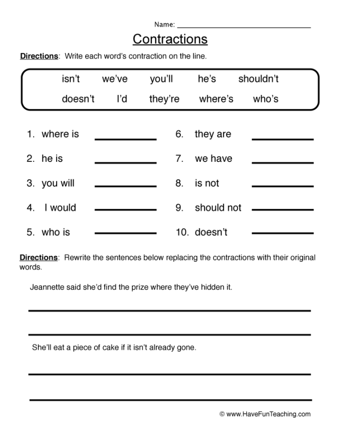 Engaging worksheet image featuring contraction exercises for young learners Crystal Clear Contractions worksheet for second graders to practice grammar skills