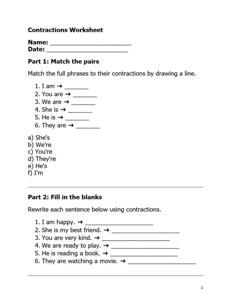 Crystal Clear Contractions worksheet 11 for second grade grammar practice Second grade students practice forming new words with the Crystal Clear Contractions worksheet 11