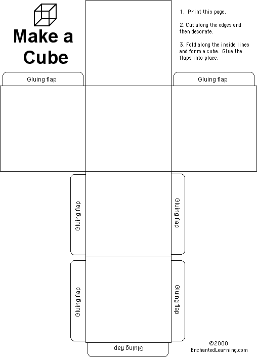 A second grade student's cube cut-out worksheet template with fold lines and six square faces ready to be assembled into a 3D shape