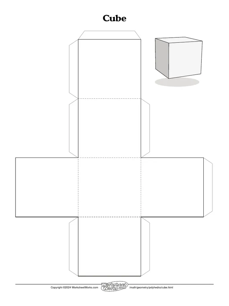Printable cube cut-out template for second grade students to fold and assemble into a 3D paper cube shape