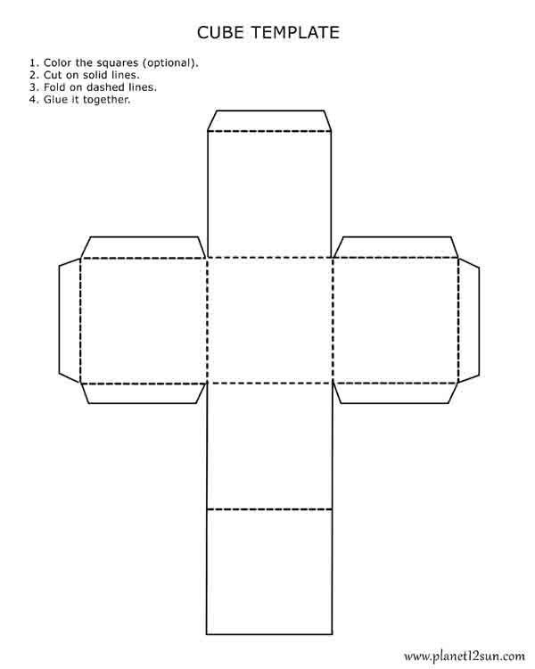 Second grade geometry worksheet showing a flat paper template for building a 3-D cube