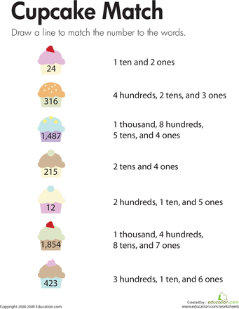 Second grade math worksheet featuring cupcakes with numbers to match with written forms