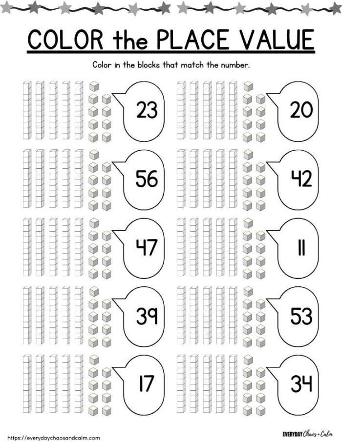 Second grade math worksheet showing cupcakes with numbers to match with their written place values
