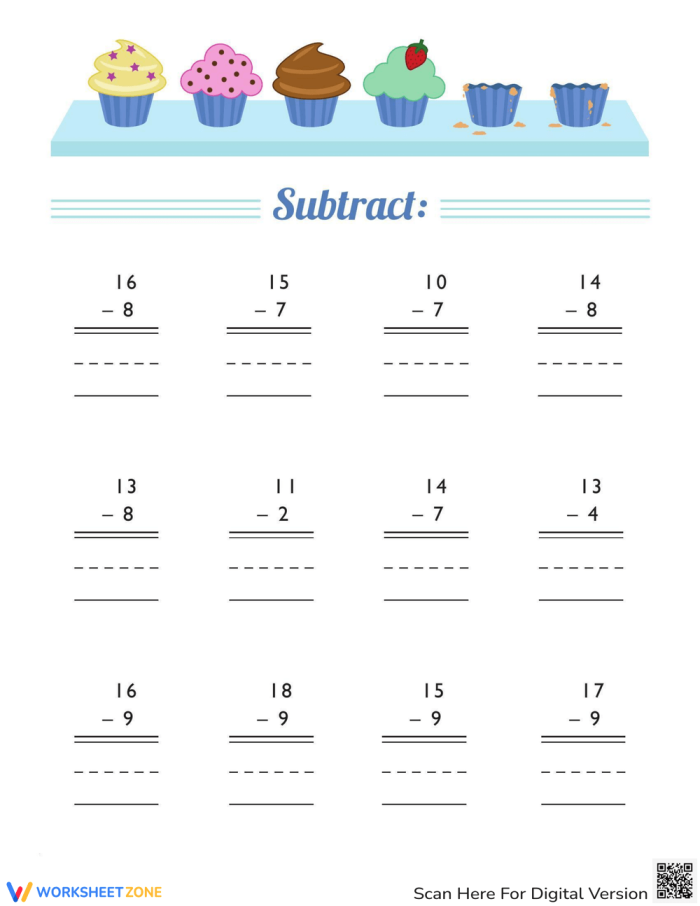 Colorful cupcake-themed worksheet for first graders focused on subtraction facts. Engaging Cupcake Subtraction worksheet to help children practice their math skills.