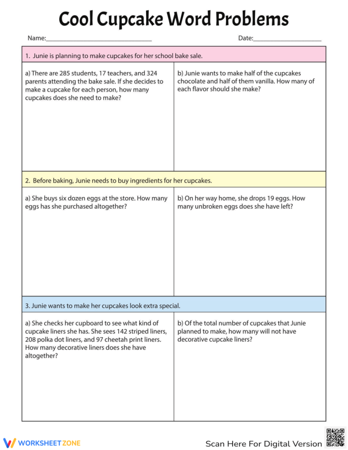 Fifth grade students solving two-step word problems about cupcakes on a colorful worksheet