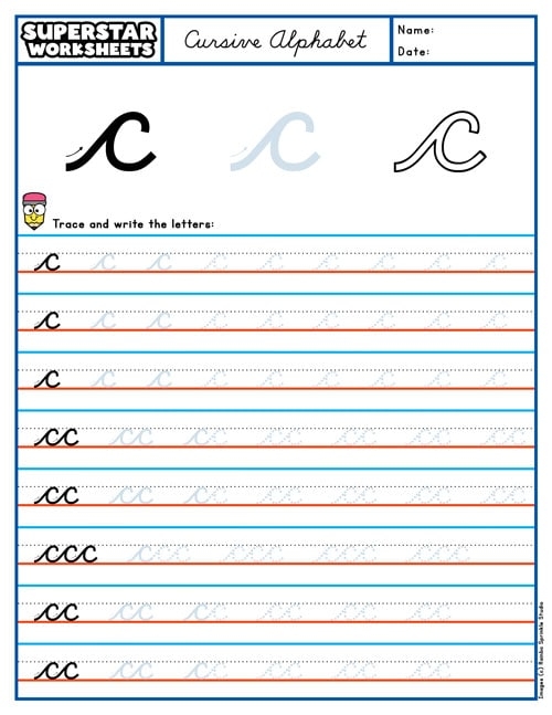 Cursive A worksheet for developing penmanship skills in third graders