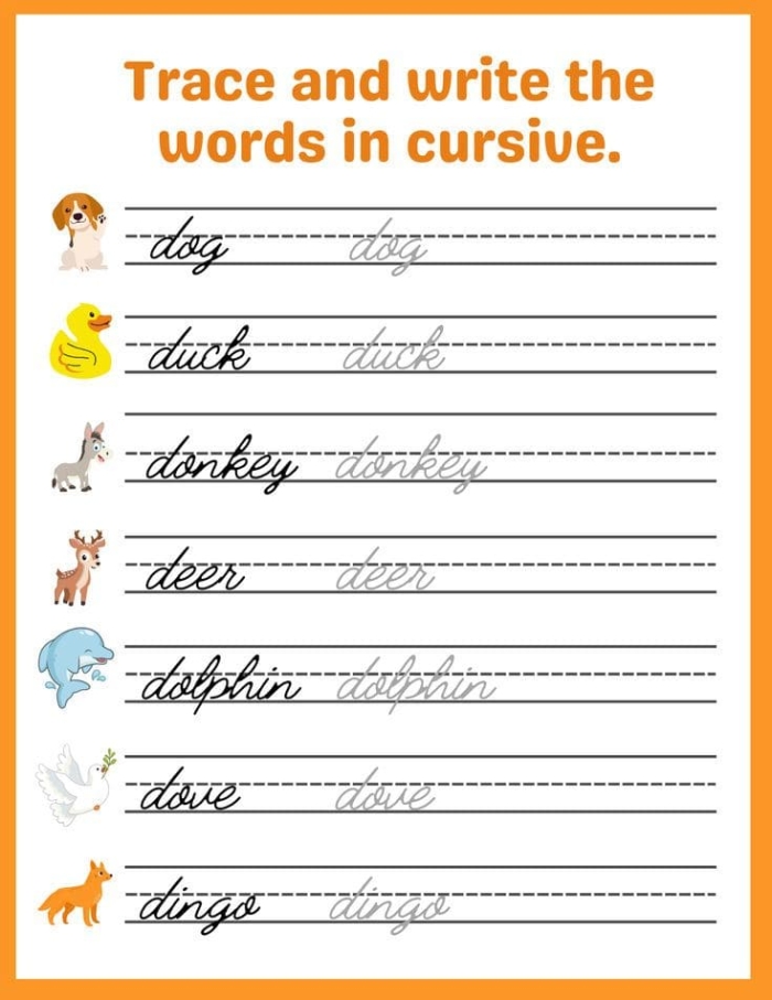 Cursive Practice Animals Worksheet for Third Grade Students Third grade student practicing cursive handwriting with an animal themed vocabulary worksheet