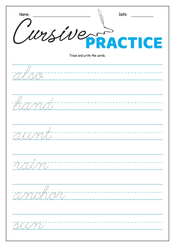 Cursive handwriting worksheet showing animal word tracing activities for elementary learners Third grade students tracing and writing animal words in cursive handwriting practice exercise