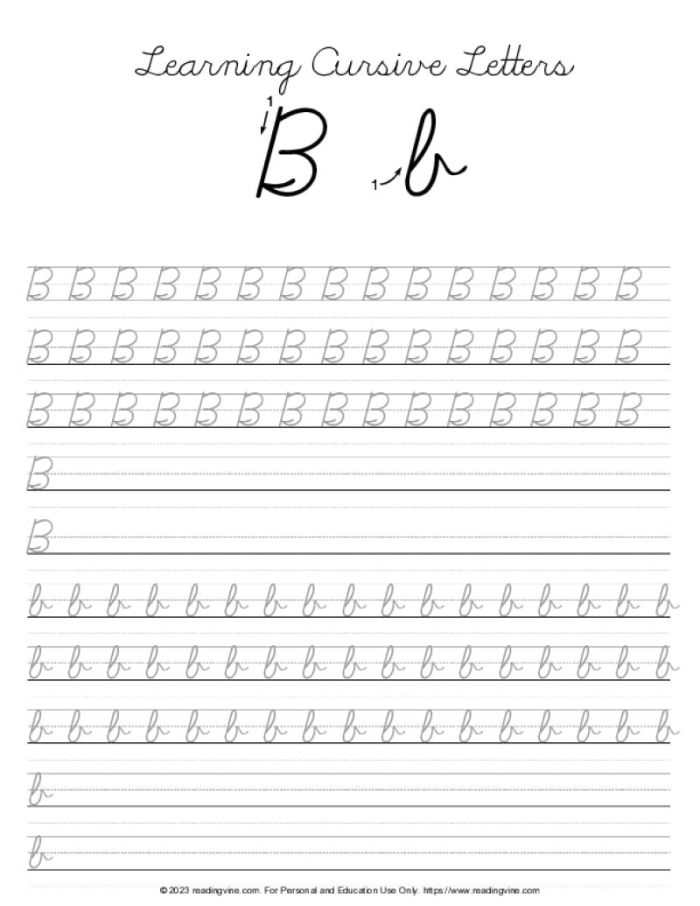 Cursive B worksheet for third grade space science unit 24 Third grade student tracing the letter B on a cursive handwriting practice page