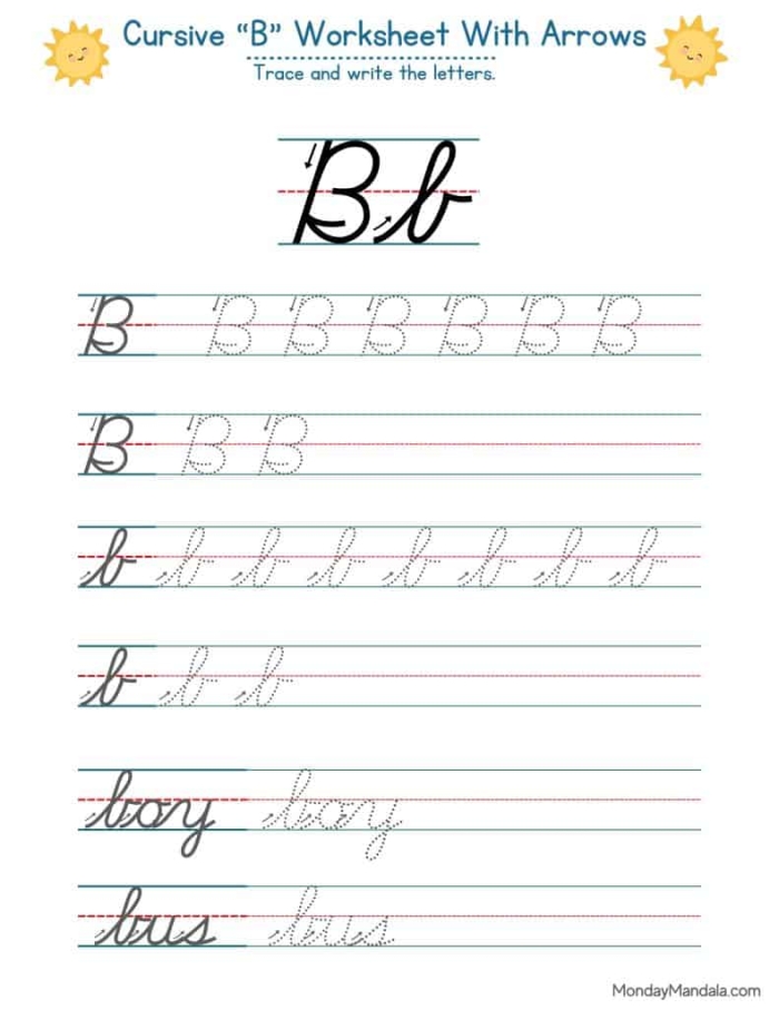 Cursive B Penmanship Practice Worksheet for Grade 3 Earth and Space Science Third grade student practicing cursive letter B handwriting on an Earth and Space science themed worksheet