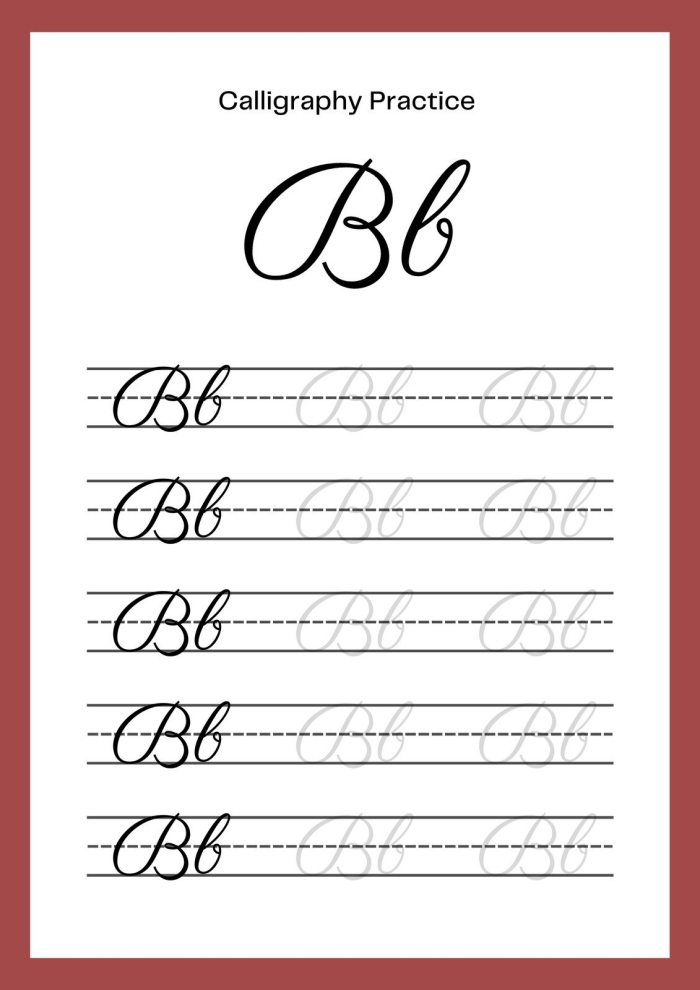 Cursive B Penmanship Practice Worksheet 12 Third grade student tracing the letter B on a cursive handwriting practice worksheet