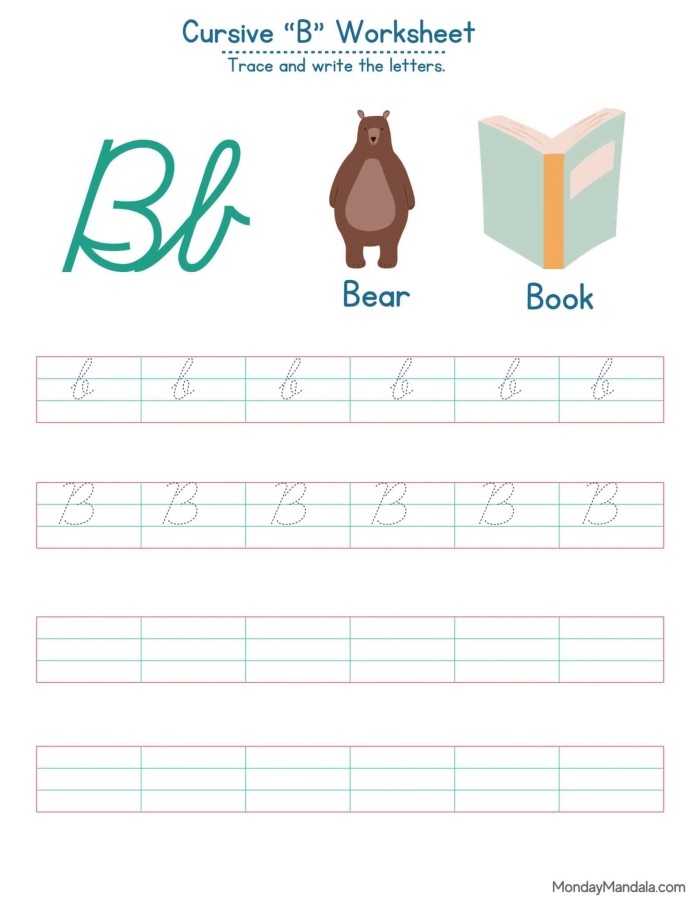 Perfect your cursive B writing with this engaging worksheet for young learners Cursive B worksheet designed for third-grade students to enhance their penmanship skills