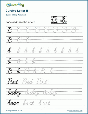 Cursive B handwriting practice worksheet eighteen for elementary science learners Third grade cursive B worksheet for penmanship practice featuring letter tracing exercises