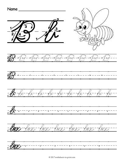 Cursive B handwriting practice worksheet fifteen Third grade student completing a cursive B worksheet for earth and space science class