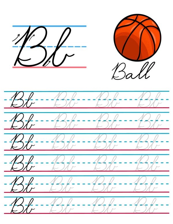 Cursive B practice sheet for tracing and writing letters Cursive B worksheet designed for third graders to improve penmanship skills