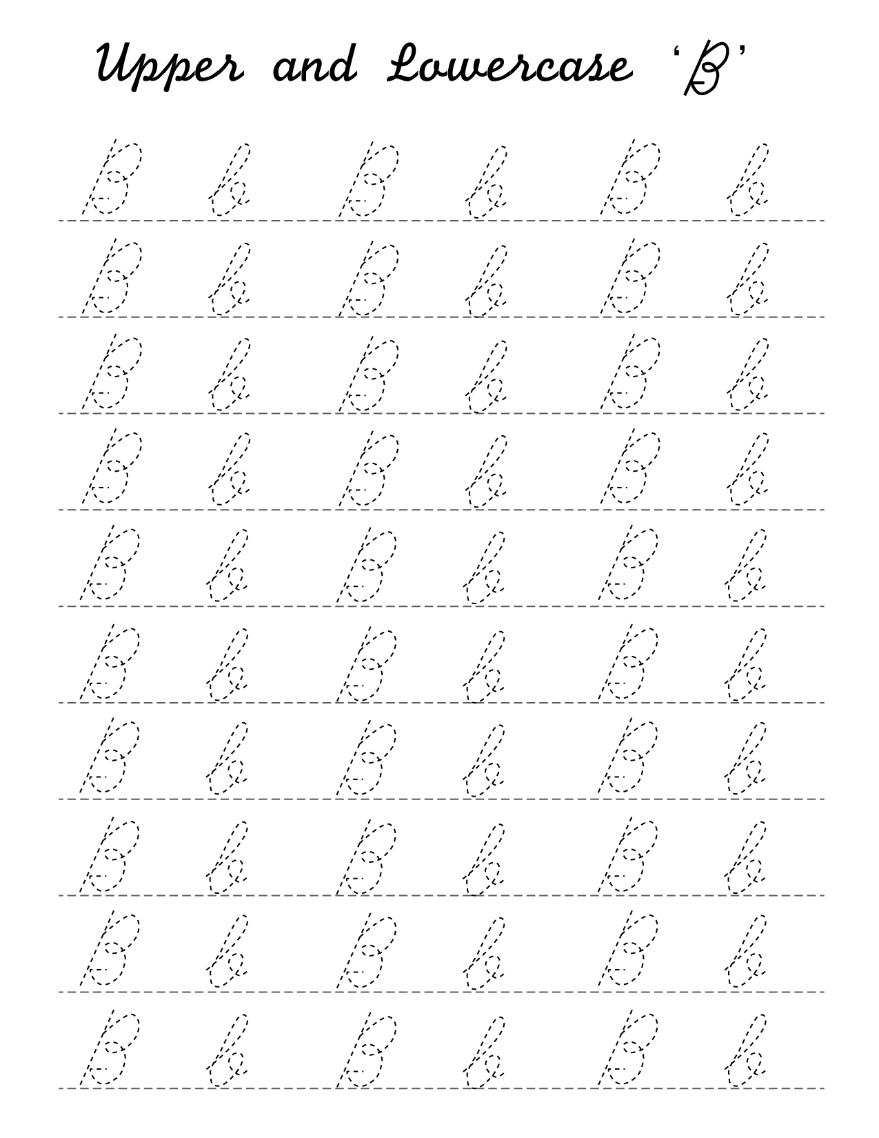 Practice tracing and writing the letter B in cursive with this engaging worksheet Cursive B worksheet designed for third graders to enhance their cursive writing skills