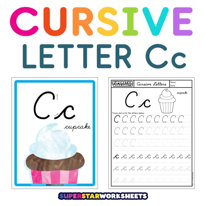 Third grade cursive C practice worksheet with tracing lines and letter formation exercises for improving handwriting skills