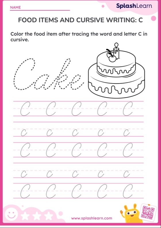 Third grade cursive C practice worksheet for handwriting development