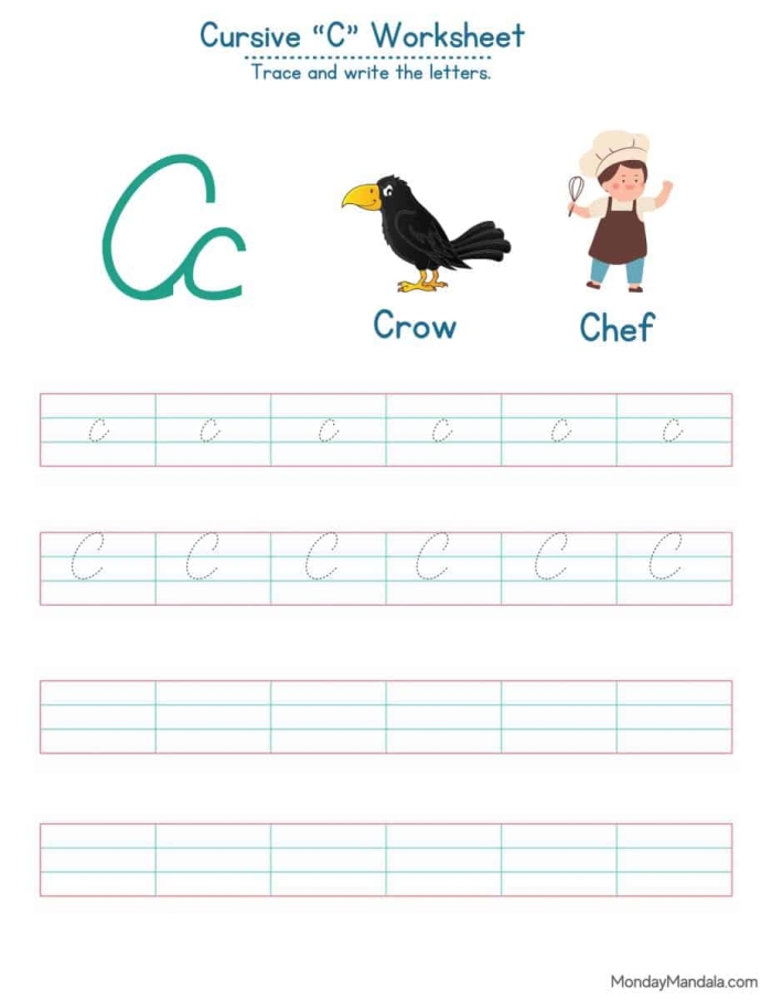Third grade cursive C practice worksheet for handwriting improvement